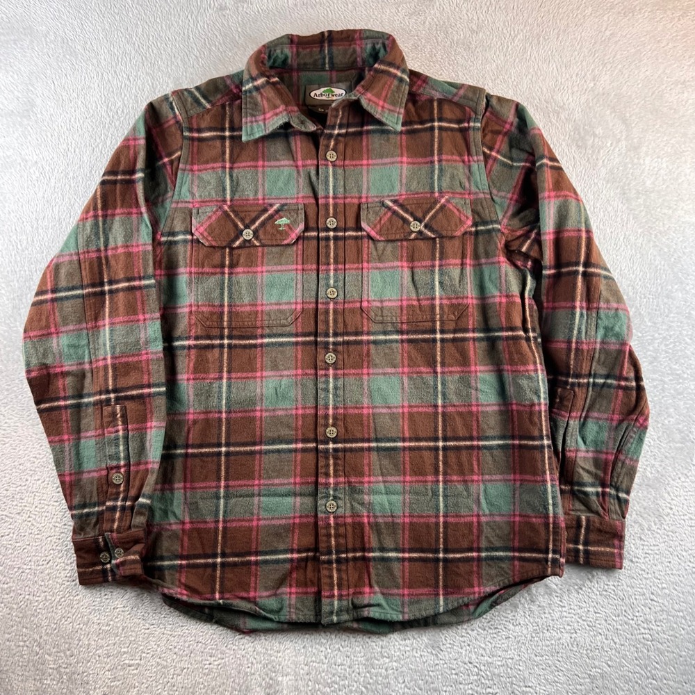 Arborwear Philmont Chagrin Flannel Plaid Shirt Mens S Brown Green Pink Thick